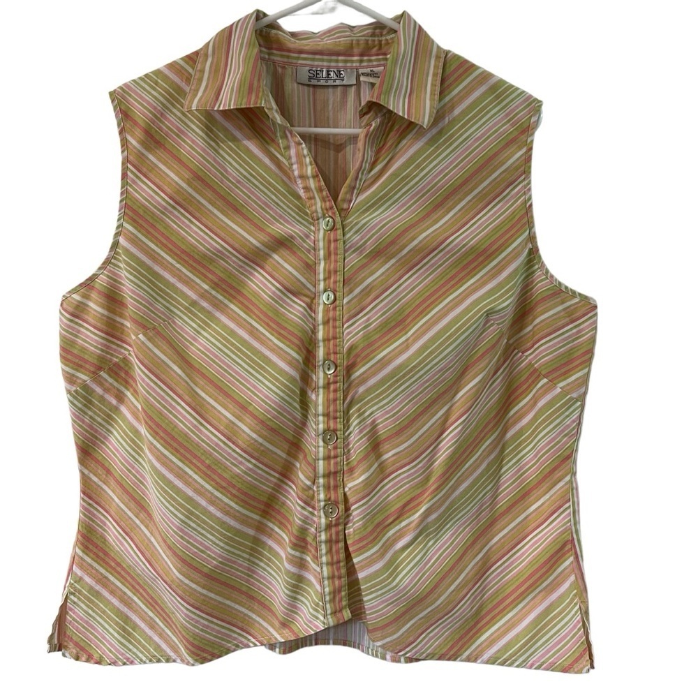 Selene Sport Ruched‎ Button Down Sleeveless Top Striped Women’s Size XL